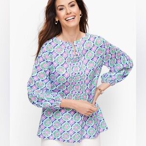 $80 Talbots Split Neck Pin-tuck Medallion Cotton Maliblue Mint Tunic Top 1X NWT